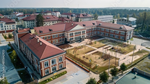 Modern high school building in polessk, kaliningrad region, russia, exterior view with clear sky background photo