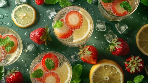 Overhead view of strawberry lemonade with fresh strawberries, lemon slices, mint, and ice on a green background, symbolizing refreshment and summer.