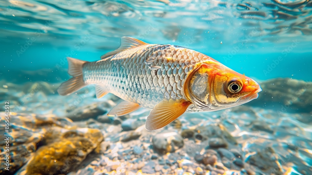 Close-up of a colorful fish swimming in clear, shallow water with a rocky bottom, highlighting vibrant scales and underwater beauty. Close-up of a colorful fish swimming in clear, shallow water with a rocky bottom, highlighting vibrant scales and underwater beauty.