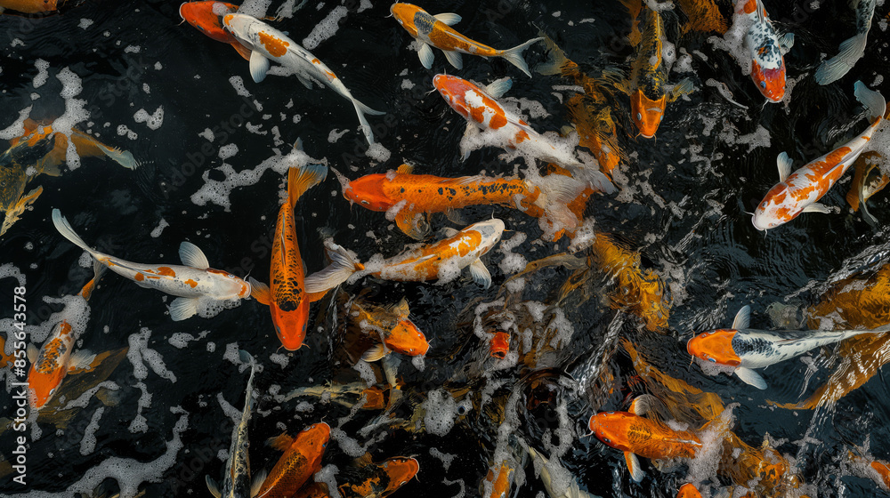 Top view of a densely populated koi pond showing a tapestry of oranges whites and yellows against dark waters creating an abstract effect. Top view of a densely populated koi pond showing a tapestry of oranges whites and yellows against dark waters creating an abstract effect.