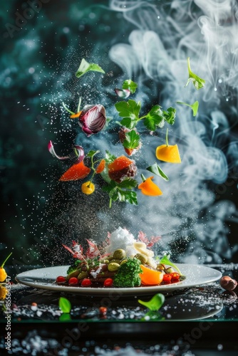 Vibrant abstract culinary composition emphasizing the main course, featuring a dynamic interplay of colors, textures, and shapes inspired by modern gastronomy