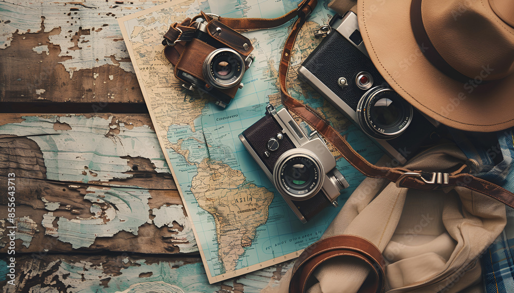 Hiking gear frame with lantern, camera, hat, map, compass. Packing for a hike concept Hiking gear frame with lantern, camera, hat, map, compass. Packing for a hike concept