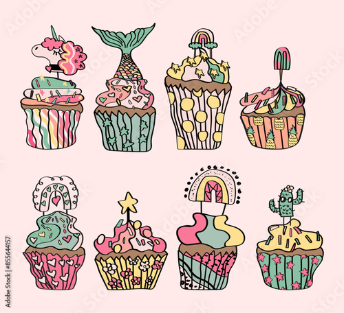 Collection of happy birthday cupcakes with cute cake toppers
