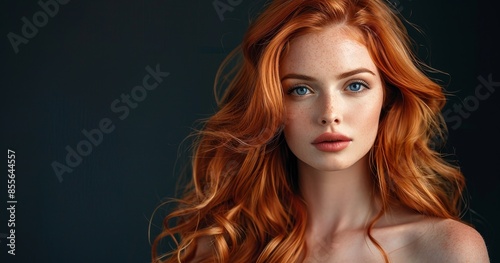 A beautiful woman with long, wavy red hair posing for the camera against dark background, hair is styled in elegant waves and flowing to one side of her head, hair color is vibrant orangered