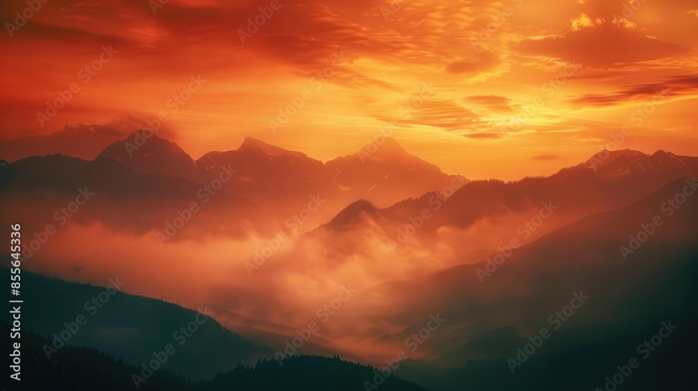 Traveling through nature with an orange sky and a backdrop of mountains with the sunrise Traveling through nature with an orange sky and a backdrop of mountains with the sunrise