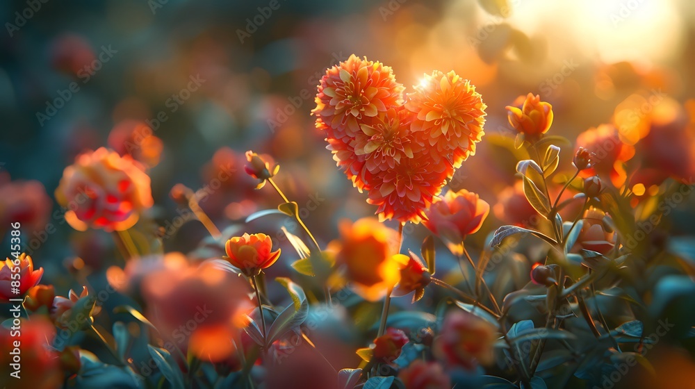 Obraz premium An abstract view of hearts made of spring flowers on a sunny garden background. The flower hearts are vibrant and colorful, set against a backdrop of lush green garden under warm sunlight