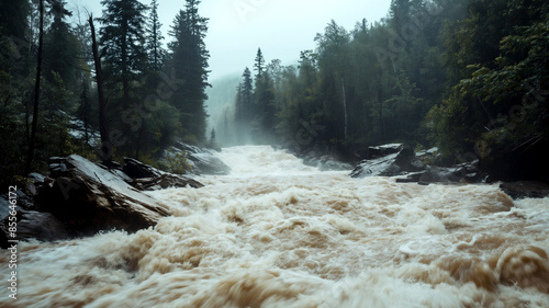 Raging river in the mountains with submerged trees and rocks