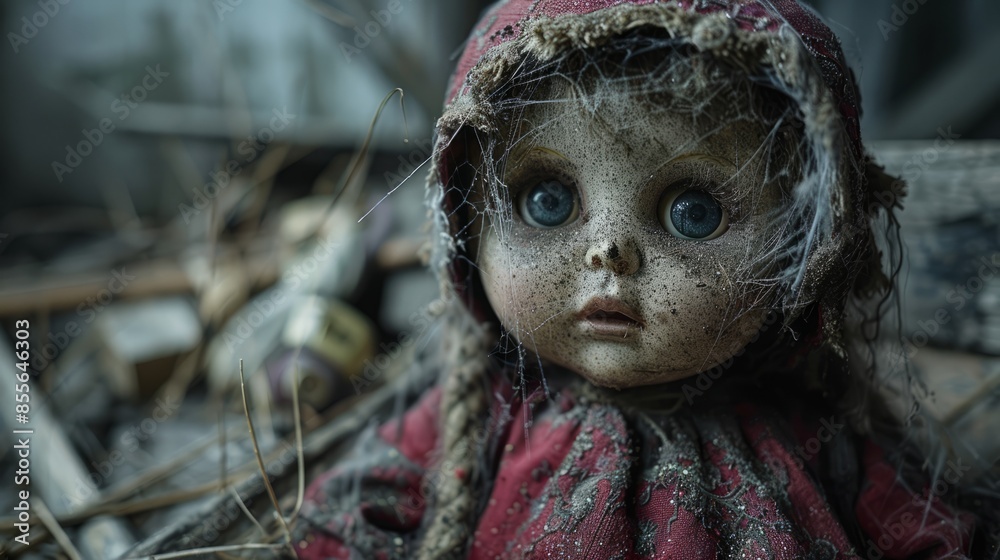 Obraz premium Creepy abandoned doll with cobwebs and dirt, wearing tattered clothes. Perfect for horror themes and eerie atmospheres.