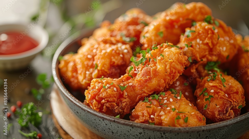 Delicious crispy fried chicken wings garnished with fresh herbs served in a bowl, with dipping sauce in the background. Delicious crispy fried chicken wings garnished with fresh herbs served in a bowl, with dipping sauce in the background.