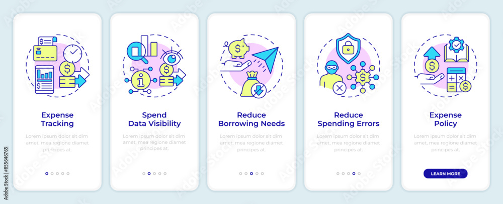 Benefits of spend management onboarding mobile app screen. Walkthrough 5 steps editable graphic instructions with linear concepts. UI, UX, GUI template. Montserrat SemiBold, Regular fonts used Benefits of spend management onboarding mobile app screen. Walkthrough 5 steps editable graphic instructions with linear concepts. UI, UX, GUI template. Montserrat SemiBold, Regular fonts used