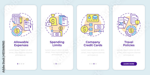 Expense management policy onboarding mobile app screen. Walkthrough 4 steps editable graphic instructions with linear concepts. UI, UX, GUI template. Montserrat SemiBold, Regular fonts used
