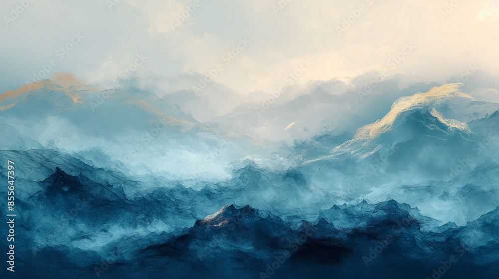 A painting of a mountain range with a blue sky and a few clouds