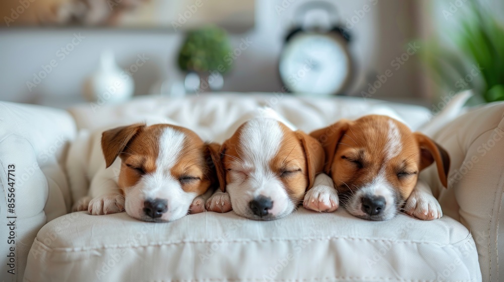 close up of three cute little dogs sleeping on a white soft chair in a room, wall painting, wall clock, green tree vase. close up of three cute little dogs sleeping on a white soft chair in a room, wall painting, wall clock, green tree vase.