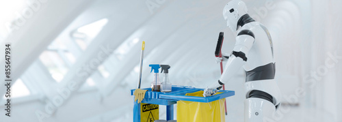 Wallpaper Mural Conceptual robot cleaner with a cart full of cleaning products cleaning an office 3d render Torontodigital.ca