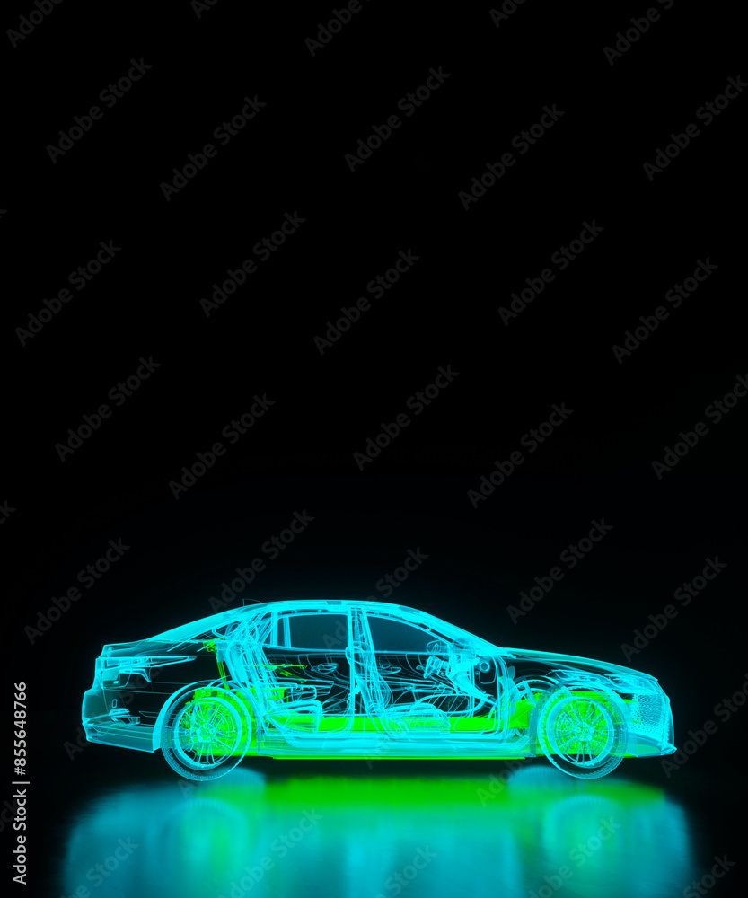 Glowing blue hologram of an electric car with green glow coming from the electric battery and drive train concept 3d render Glowing blue hologram of an electric car with green glow coming from the electric battery and drive train concept 3d render