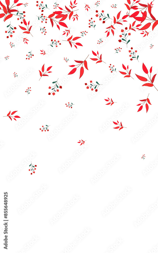 Fototapeta premium Pink Leaves Background White Vector. Herb Object Set. Red Berries. Green Foliage Seamless. Poster Design.