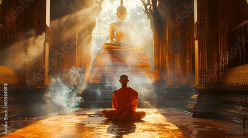 Serene Monk Meditating in Ornate Thai Temple with Rays of Light