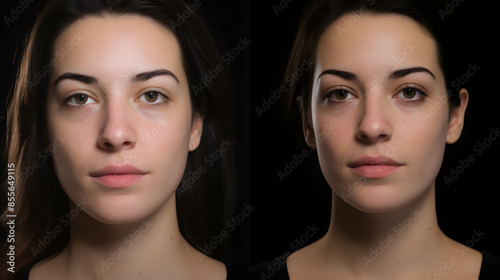 Face of Caucasian fair-haired girl before and after on a dark background. Face of Caucasian fair-haired girl before and after on a dark background.