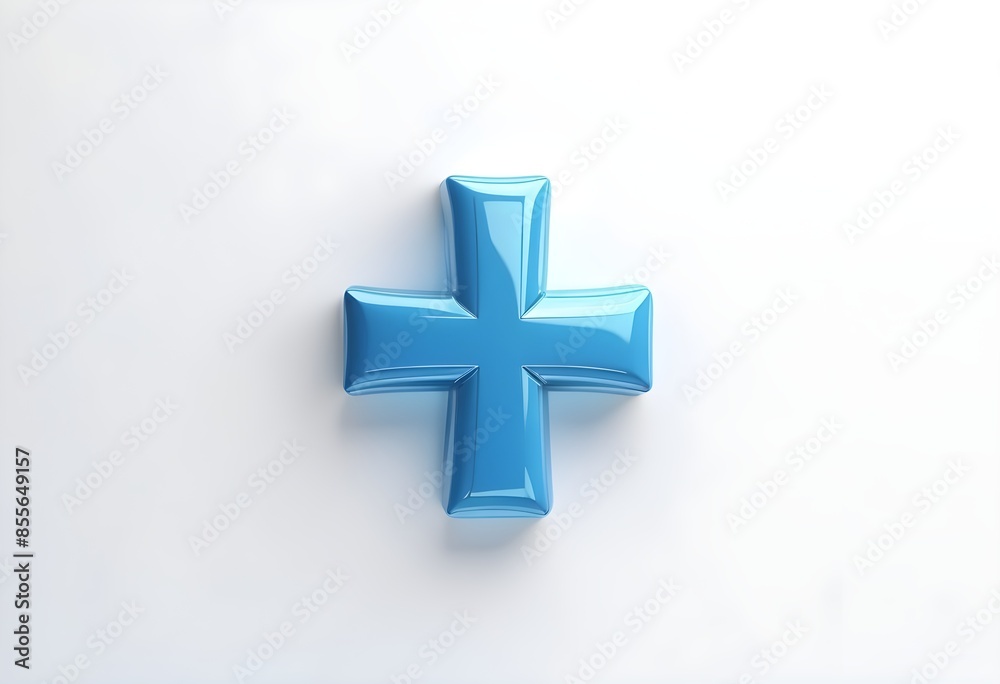 A blue 3D plus sign on a white background