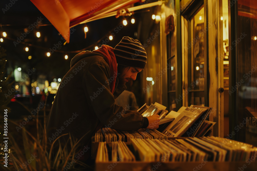 Musician flipping through crates of second-hand vinyls outside a local café under string lights. Musician flipping through crates of second-hand vinyls outside a local café under string lights.