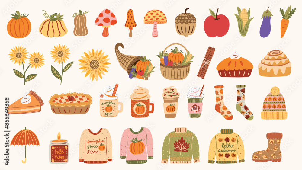 Autumn harvest and fall favorites elements set. Thanksgiving basket and cornucopia. Pumpkin spice latte, cinnamon roll, cozy sweaters and socks. Hand drawn vector illustrations. Autumn harvest and fall favorites elements set. Thanksgiving basket and cornucopia. Pumpkin spice latte, cinnamon roll, cozy sweaters and socks. Hand drawn vector illustrations.