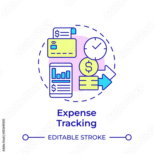 Expense tracking multi color concept icon. Credit card, spend submission. Financial report. Round shape line illustration. Abstract idea. Graphic design. Easy to use in infographic, presentation