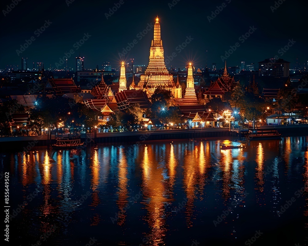Fototapeta premium Illuminated Wat Arun Temple Reflecting in the Chao Phraya River at Night in Bangkok Thailand