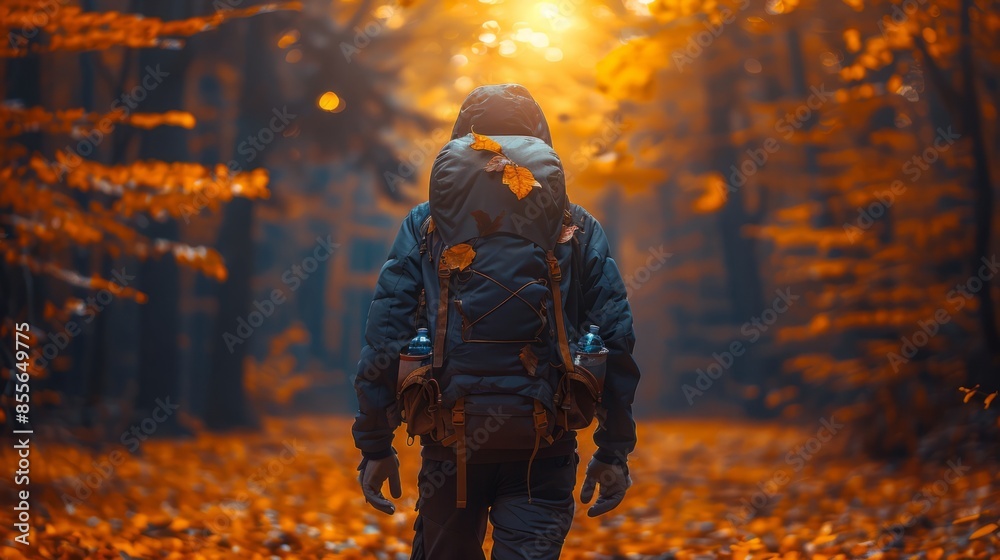 Hiker with a backpack explores a serene autumn forest, surrounded by vibrant fall foliage under a golden sunset. Hiker with a backpack explores a serene autumn forest, surrounded by vibrant fall foliage under a golden sunset.