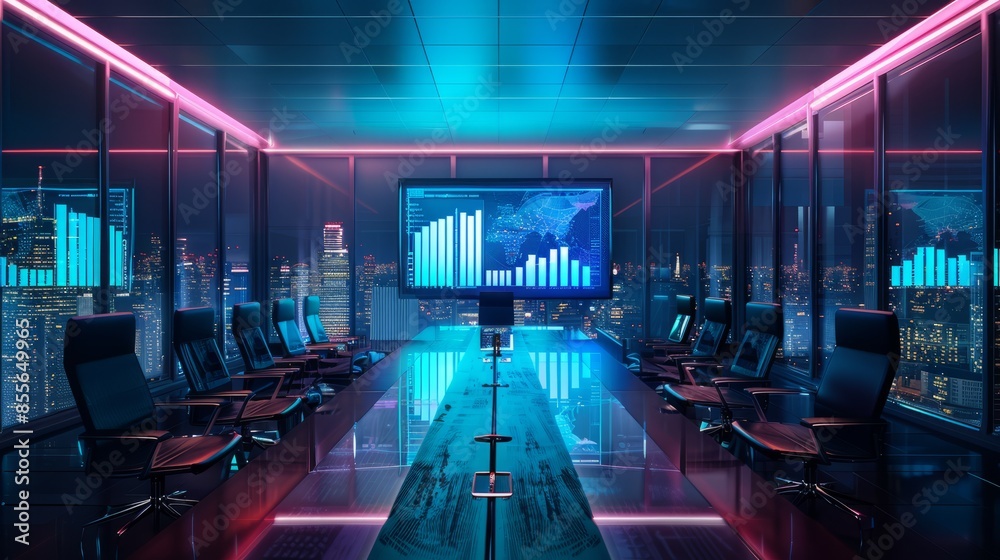 Modern futuristic conference room with neon lighting, large screen displaying data charts, cityscape view at night. Modern futuristic conference room with neon lighting, large screen displaying data charts, cityscape view at night.