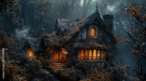 Mystical forest cottage with glowing windows surrounded by mist and autumn foliage, atmospheric and enchanting night scene.