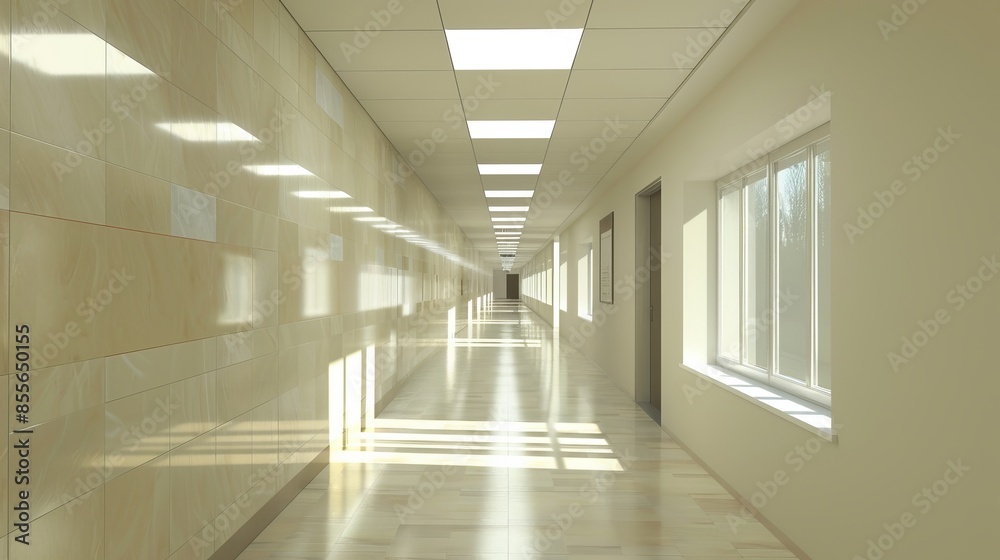 Empty school hallway with simulated ad, 3d rendered educational building scene Empty school hallway with simulated ad, 3d rendered educational building scene