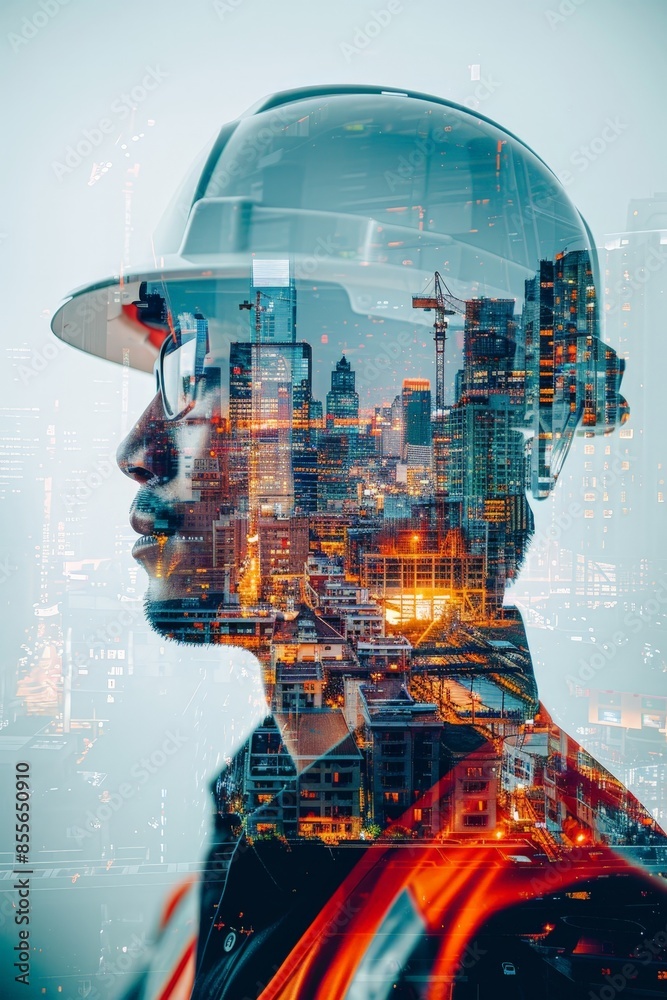 Double Exposure of Construction Worker with Urban Cityscape Background Highlighting Modern Infrastructure Double Exposure of Construction Worker with Urban Cityscape Background Highlighting Modern Infrastructure
