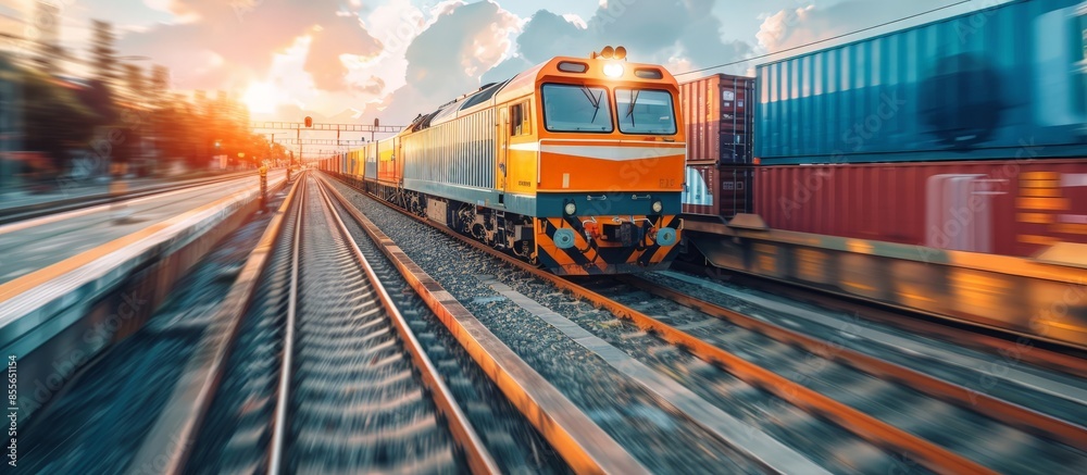 Fototapeta premium Modern Freight Train on Railway Tracks at Sunset with Motion Blur Effect