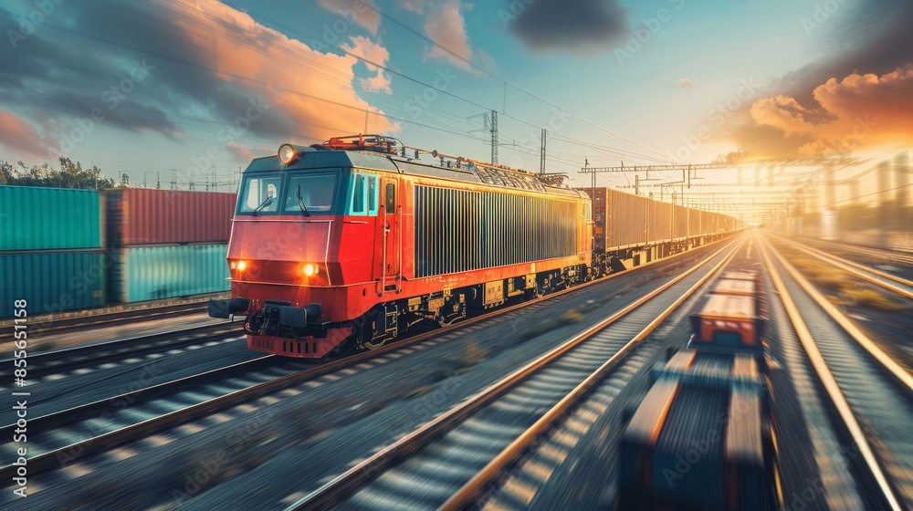 Fototapeta premium Freight Train on Railway Tracks at Sunset with Dramatic Sky and Motion Blur