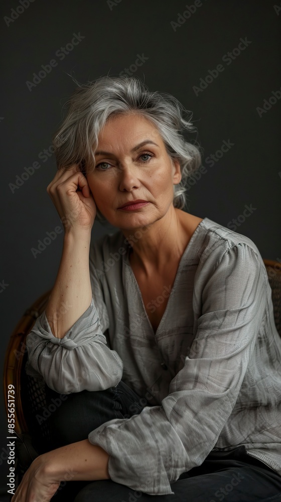 Portrait of a mature woman sitting on the chair posing thoughtful Portrait of a mature woman sitting on the chair posing thoughtful