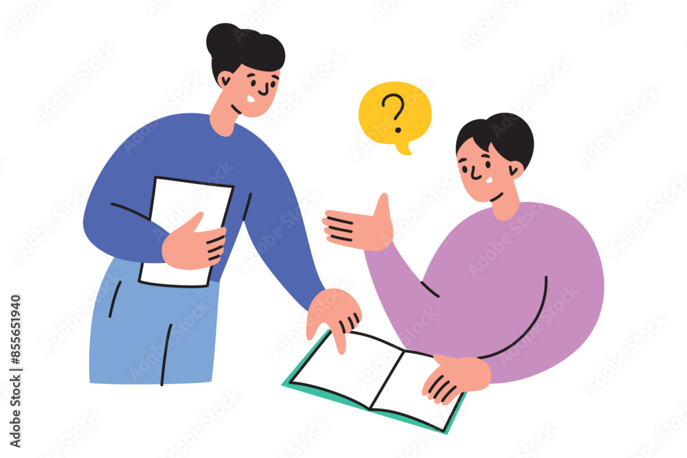 Female teacher helping student in classroom, answering his questions, correcting mistakes. Vector illustration in flat cartoon style, depicting education, learning, and academic guidance Female teacher helping student in classroom, answering his questions, correcting mistakes. Vector illustration in flat cartoon style, depicting education, learning, and academic guidance