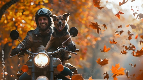 Man and Dog Riding Motorcyc...