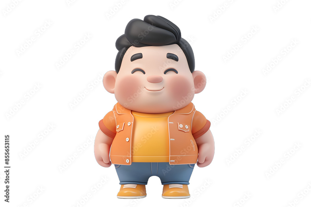 Fototapeta premium [Transparent Background PNG]Smiling Cartoon Boy in Orange Jacket and Blue Jeans