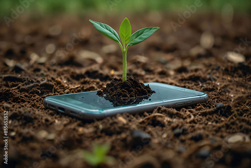 Green future multimedia content creation symbolized by growing seedling on a lying mobile phone, green investment concept,rising money to invest, financial growth concept