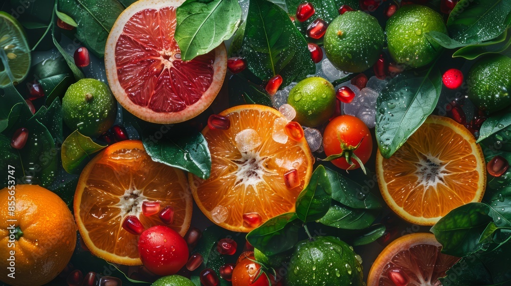 Vibrant assortment of fresh citrus fruits and vegetables with leaves and pomegranate seeds, showcasing a colorful, healthy variety. Vibrant assortment of fresh citrus fruits and vegetables with leaves and pomegranate seeds, showcasing a colorful, healthy variety.