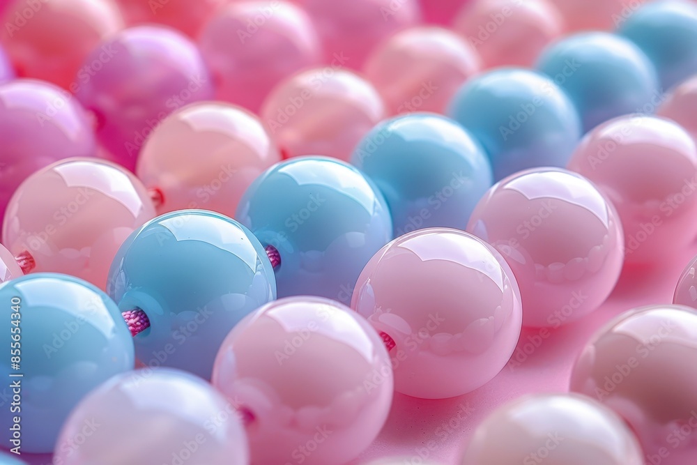 A detailed view of a candy necklace, with pastel-colored beads and a pink elastic string. A detailed view of a candy necklace, with pastel-colored beads and a pink elastic string.