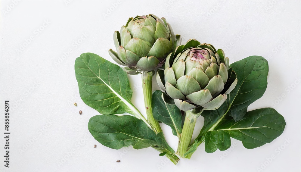 Fototapeta premium Artichokes and spinach isolated on white background