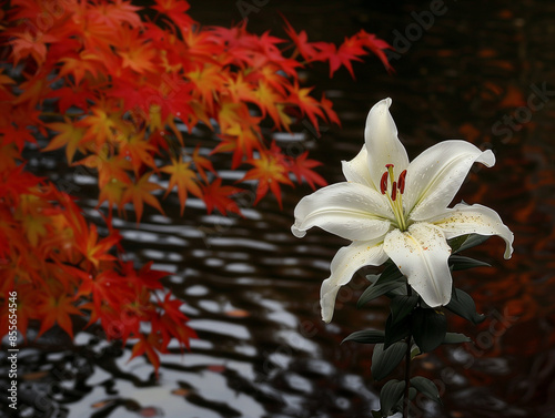 Aristocratic Lily in Early Fall with a White Bloom by the Waterside for a Noble Setting