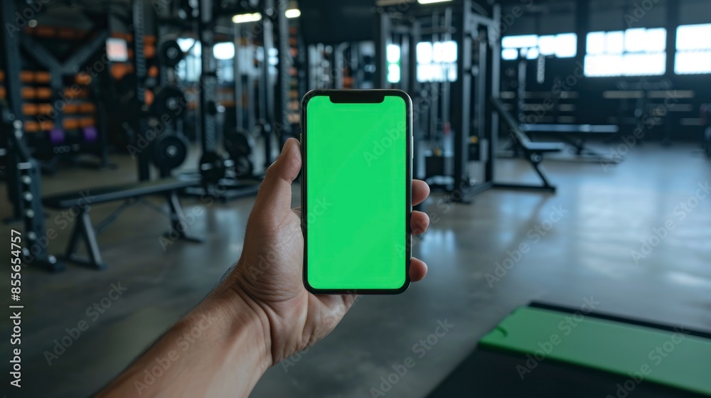 Cell phone with a green screen held by a hand, powerlifting gym equipment in the background. Cell phone with a green screen held by a hand, powerlifting gym equipment in the background.