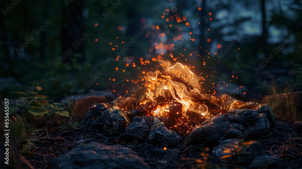 A cozy campfire burns brightly on the side of an evening setting, casting warm light. A cozy campfire burns brightly on the side of an evening setting, casting warm light.