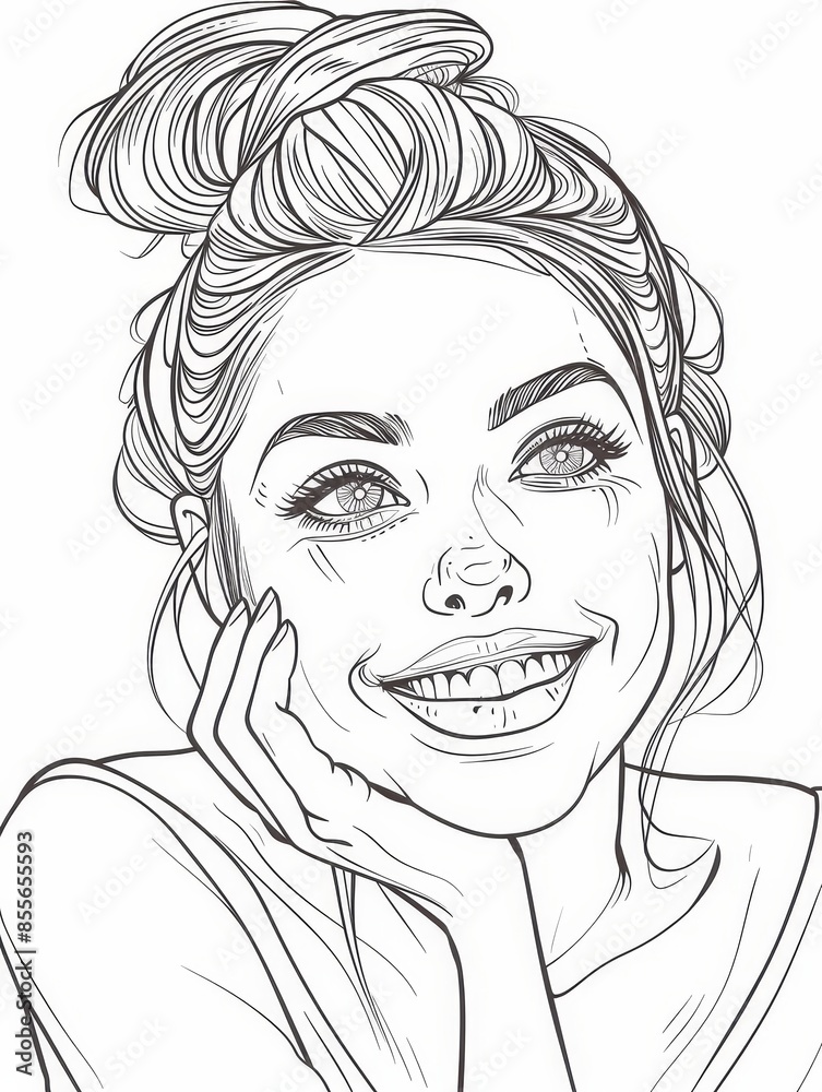 A woman with a smile on her face is drawing a picture of herself A woman with a smile on her face is drawing a picture of herself