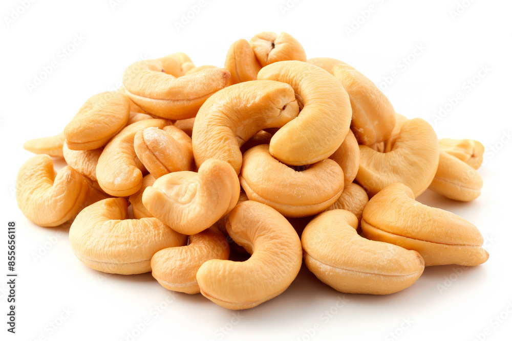 Close-up of shelled and unshelled Cashew nuts isolated on a white background, showcasing their texture Close-up of shelled and unshelled Cashew nuts isolated on a white background, showcasing their texture
