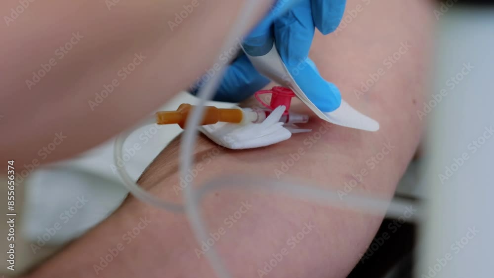 Intravenous drip slowly administers medication into vein of human hand ...