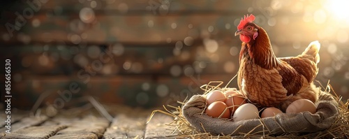 A chicken sitting on top of eggs in front of a wooden background The hen is surrounded by fresh brown eggs photo