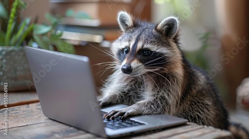 Closeup of cute raccoon working on laptop computer at home, real photo